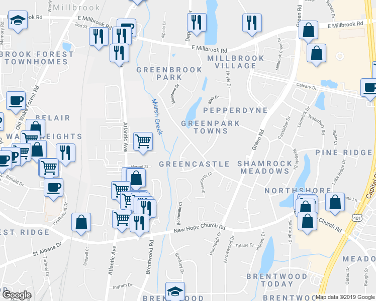 map of restaurants, bars, coffee shops, grocery stores, and more near 4409 Brockton Drive in Raleigh