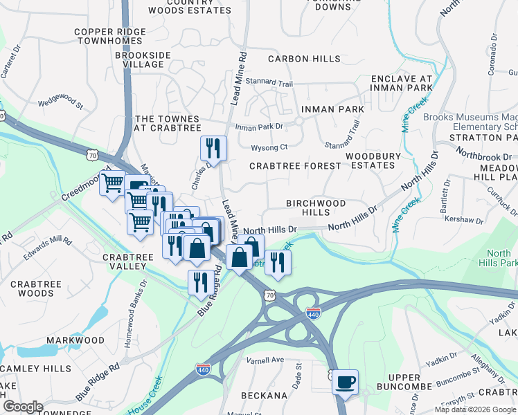 map of restaurants, bars, coffee shops, grocery stores, and more near 2204 Hillock Drive in Raleigh