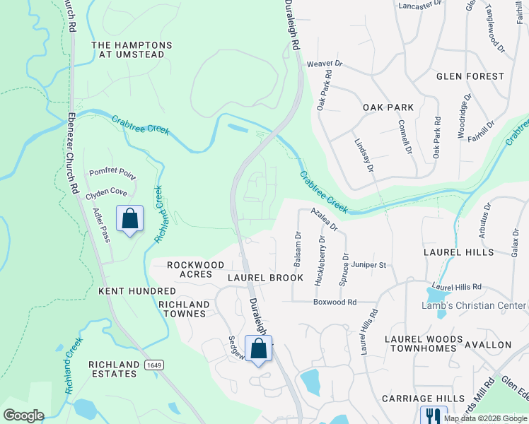map of restaurants, bars, coffee shops, grocery stores, and more near 4632 Timberhurst Drive in Raleigh