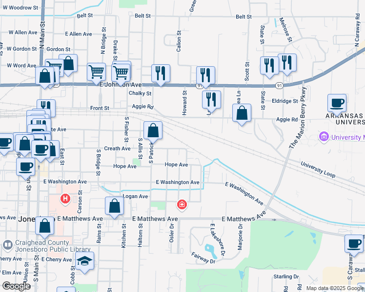map of restaurants, bars, coffee shops, grocery stores, and more near 1118 Creath Avenue in Jonesboro