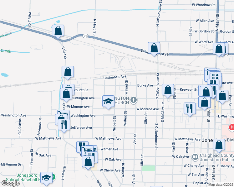 map of restaurants, bars, coffee shops, grocery stores, and more near 224 Nisbett Street in Jonesboro