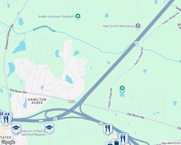 map of restaurants, bars, coffee shops, grocery stores, and more near 220 Indian Summer Street in Zebulon