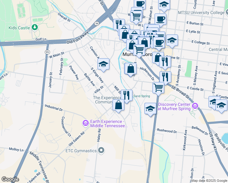 map of restaurants, bars, coffee shops, grocery stores, and more near 215 Dosie Avenue in Murfreesboro