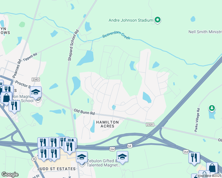 map of restaurants, bars, coffee shops, grocery stores, and more near 132 Brisk Drive in Zebulon