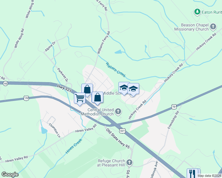 map of restaurants, bars, coffee shops, grocery stores, and more near 250 Williams Ferry Road in Lenoir City