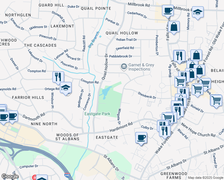 map of restaurants, bars, coffee shops, grocery stores, and more near in Raleigh