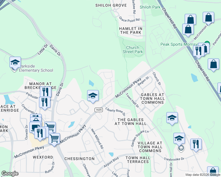 map of restaurants, bars, coffee shops, grocery stores, and more near 1149 Craigmeade Drive in Morrisville