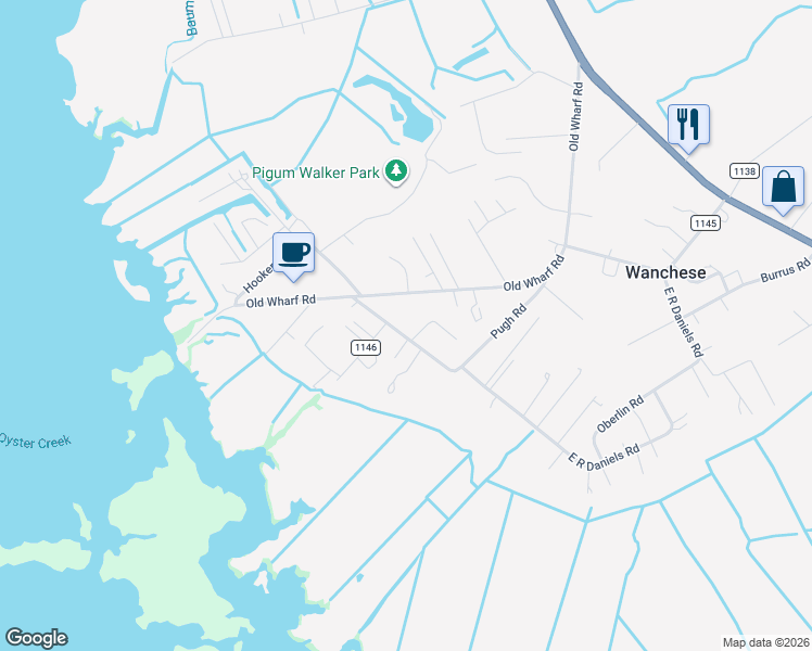 map of restaurants, bars, coffee shops, grocery stores, and more near 73 Dusty Lane in Wanchese