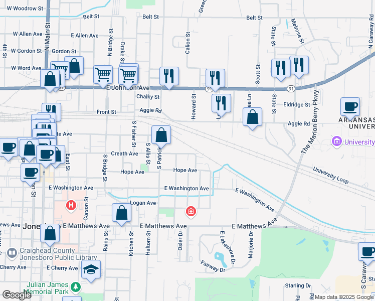 map of restaurants, bars, coffee shops, grocery stores, and more near 1118 Creath Avenue in Jonesboro