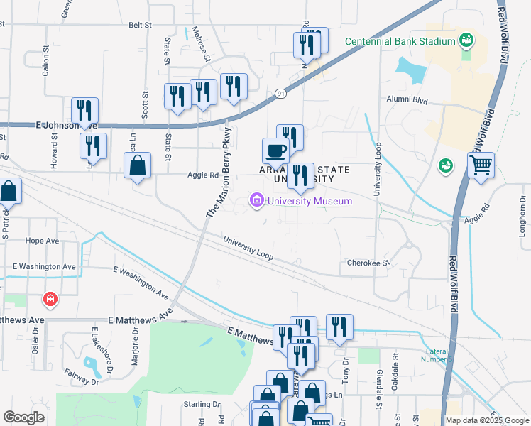 map of restaurants, bars, coffee shops, grocery stores, and more near 322 University Loop in Jonesboro