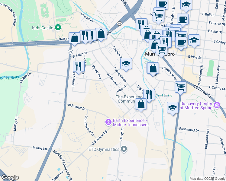 map of restaurants, bars, coffee shops, grocery stores, and more near 326 Battle Avenue in Murfreesboro