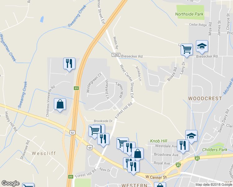 map of restaurants, bars, coffee shops, grocery stores, and more near 112 Rosemont Lane in Lexington