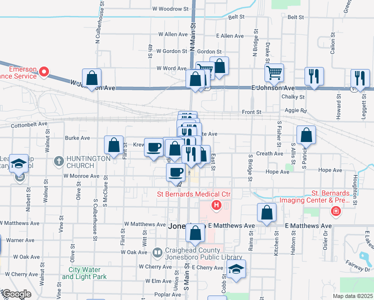 map of restaurants, bars, coffee shops, grocery stores, and more near 231 South Main Street in Jonesboro