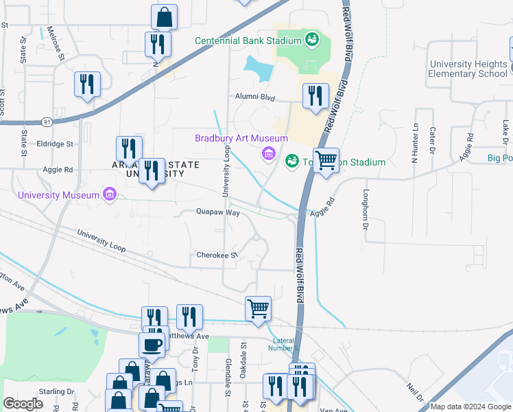 map of restaurants, bars, coffee shops, grocery stores, and more near 3252 Aggie Road in Jonesboro