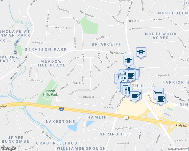 map of restaurants, bars, coffee shops, grocery stores, and more near 608 Sampson Street in Raleigh
