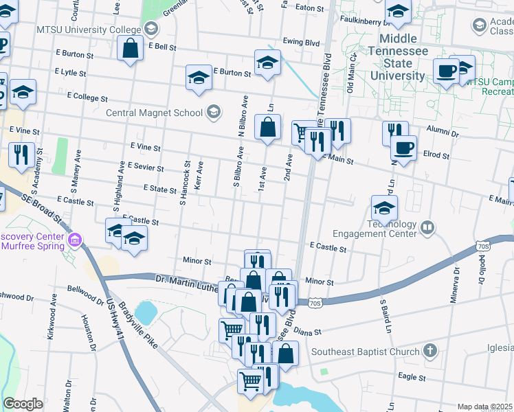 map of restaurants, bars, coffee shops, grocery stores, and more near 300 1st Ave in Murfreesboro