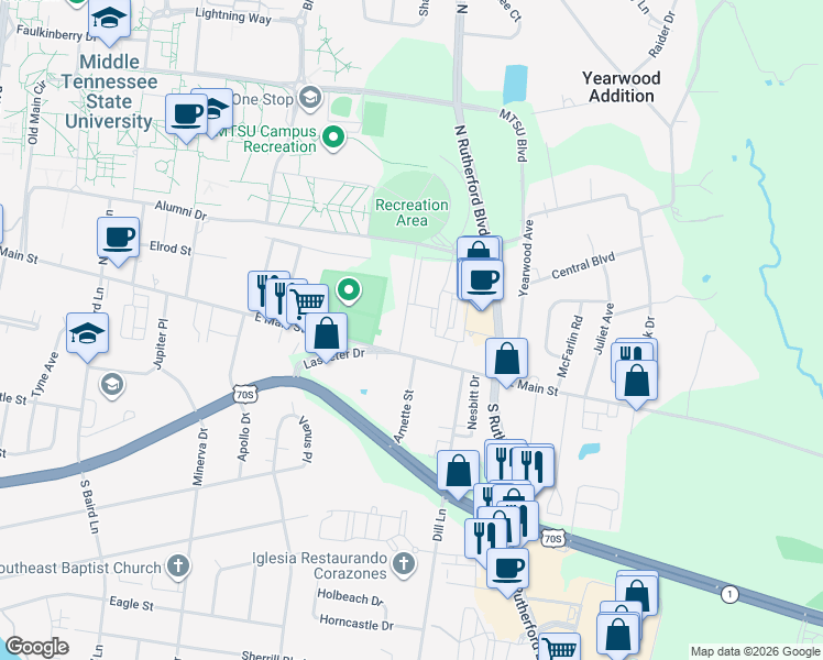 map of restaurants, bars, coffee shops, grocery stores, and more near 110 City View Drive in Murfreesboro