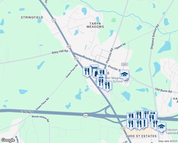 map of restaurants, bars, coffee shops, grocery stores, and more near 1512 North Arendell Avenue in Zebulon
