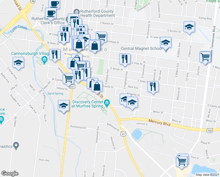 map of restaurants, bars, coffee shops, grocery stores, and more near 410 East Castle Street in Murfreesboro