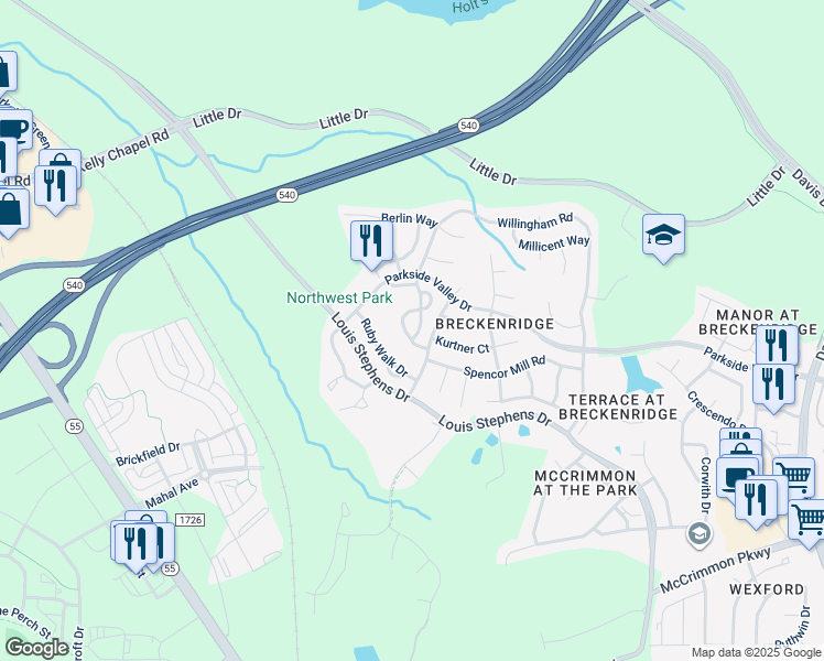 map of restaurants, bars, coffee shops, grocery stores, and more near 710 Sutter Gate Lane in Morrisville