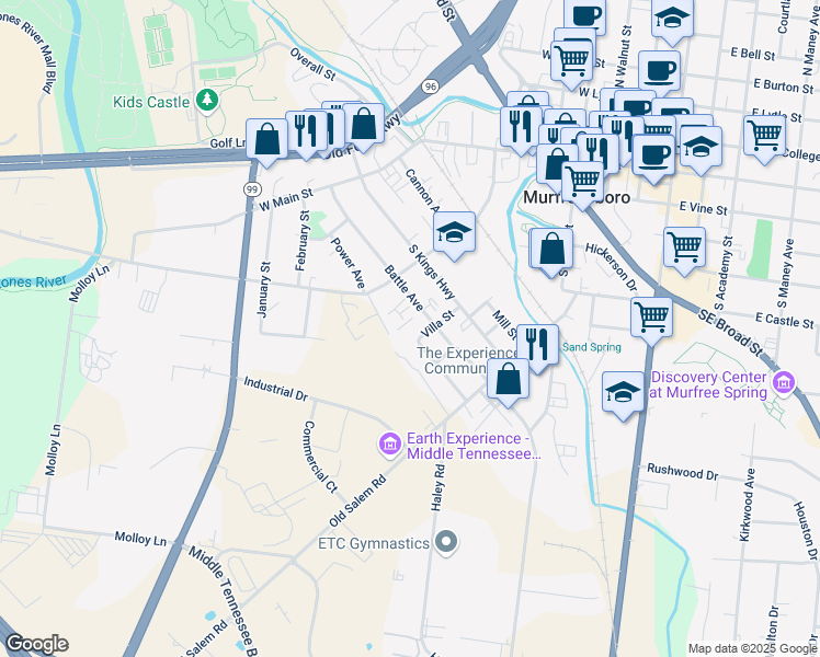 map of restaurants, bars, coffee shops, grocery stores, and more near 326 Battle Avenue in Murfreesboro