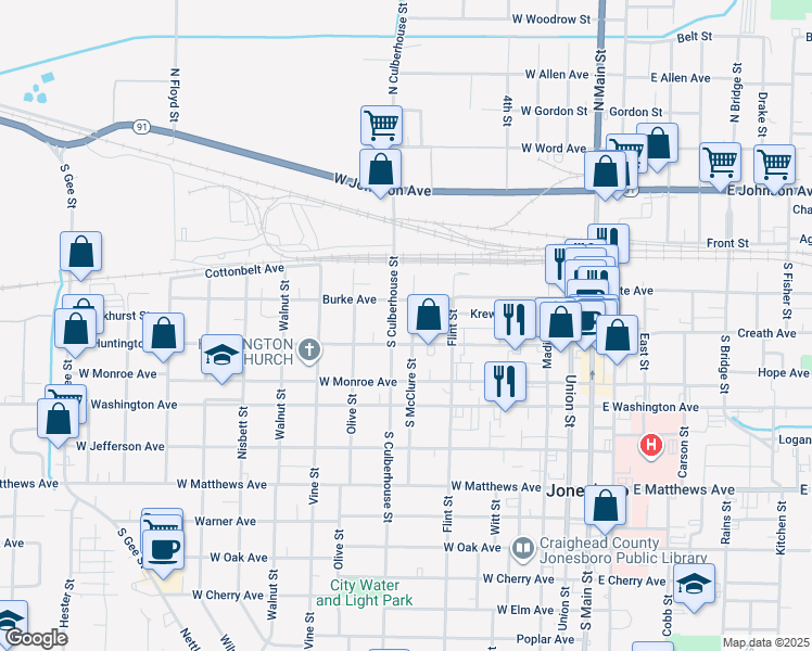 map of restaurants, bars, coffee shops, grocery stores, and more near 226 S Culberhouse St in Jonesboro
