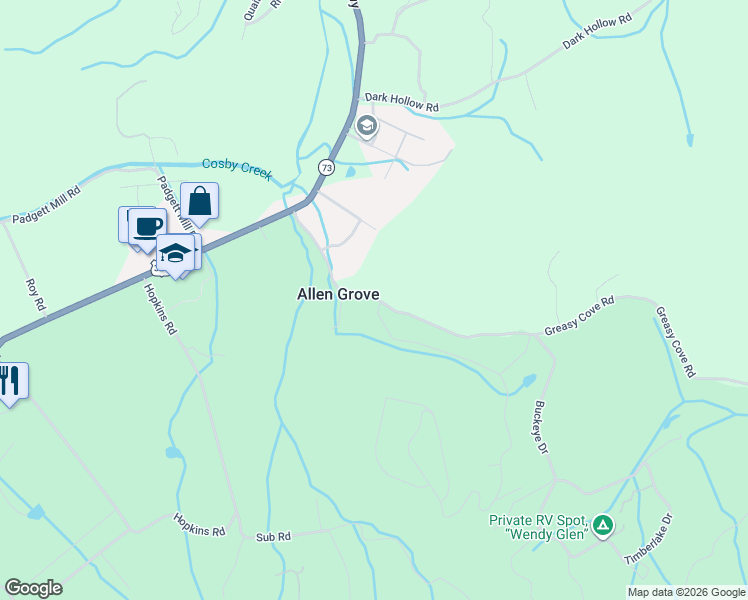 map of restaurants, bars, coffee shops, grocery stores, and more near 180 Greasy Cove Road in Cosby