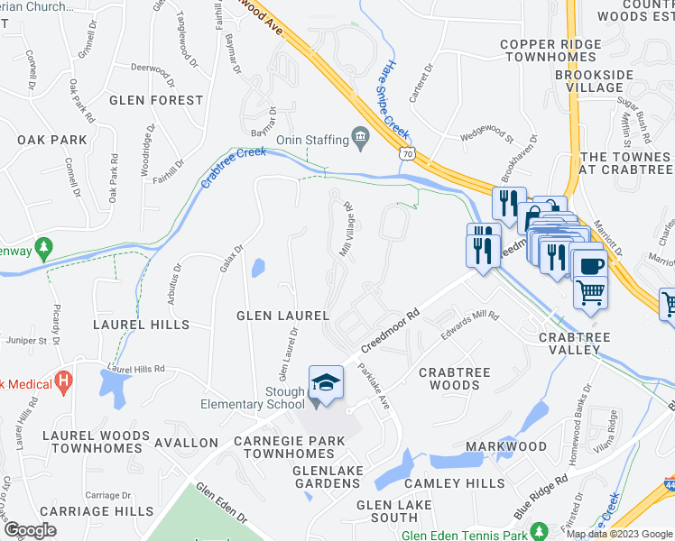 map of restaurants, bars, coffee shops, grocery stores, and more near 4306 Mill Village Road in Raleigh