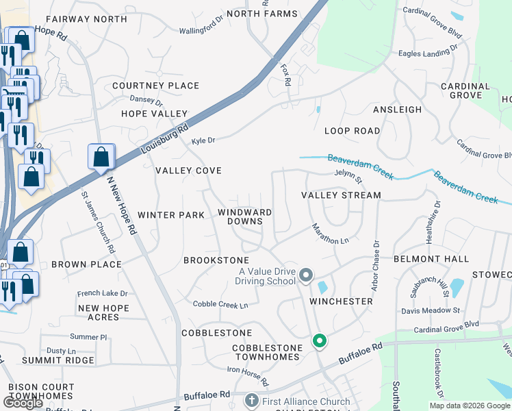 map of restaurants, bars, coffee shops, grocery stores, and more near 4425 Windstorm Way in Raleigh