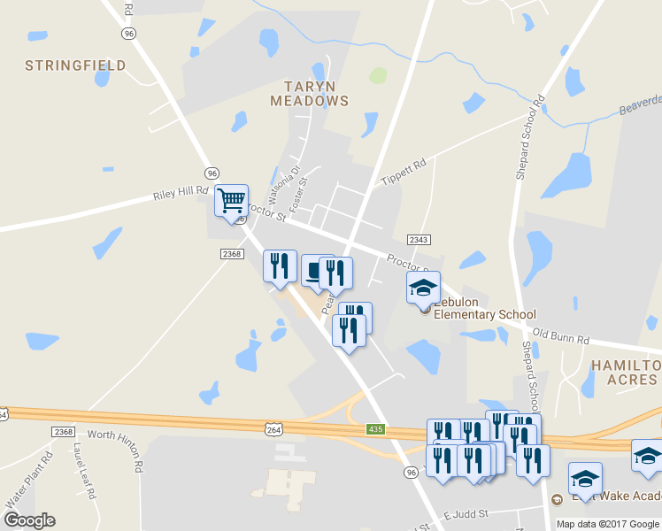 map of restaurants, bars, coffee shops, grocery stores, and more near 307 Nostalgia Lane in Zebulon