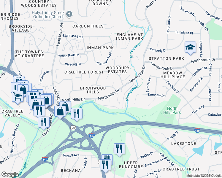 map of restaurants, bars, coffee shops, grocery stores, and more near 1905 Hillock Drive in Raleigh