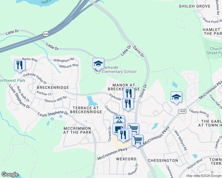 map of restaurants, bars, coffee shops, grocery stores, and more near 108 Chinabrook Court in Morrisville