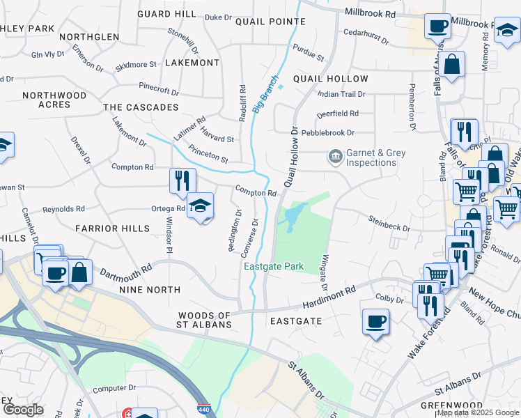 map of restaurants, bars, coffee shops, grocery stores, and more near 4208 Converse Drive in Raleigh