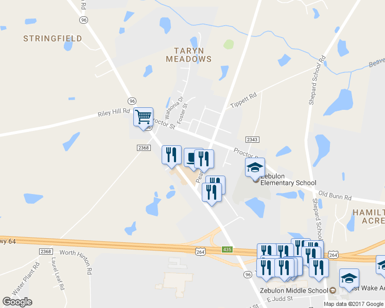 map of restaurants, bars, coffee shops, grocery stores, and more near 213 Nostalgia Lane in Zebulon