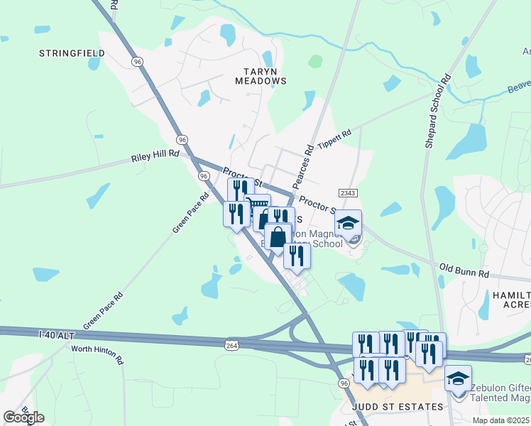 map of restaurants, bars, coffee shops, grocery stores, and more near 213 Nostalgia Lane in Zebulon