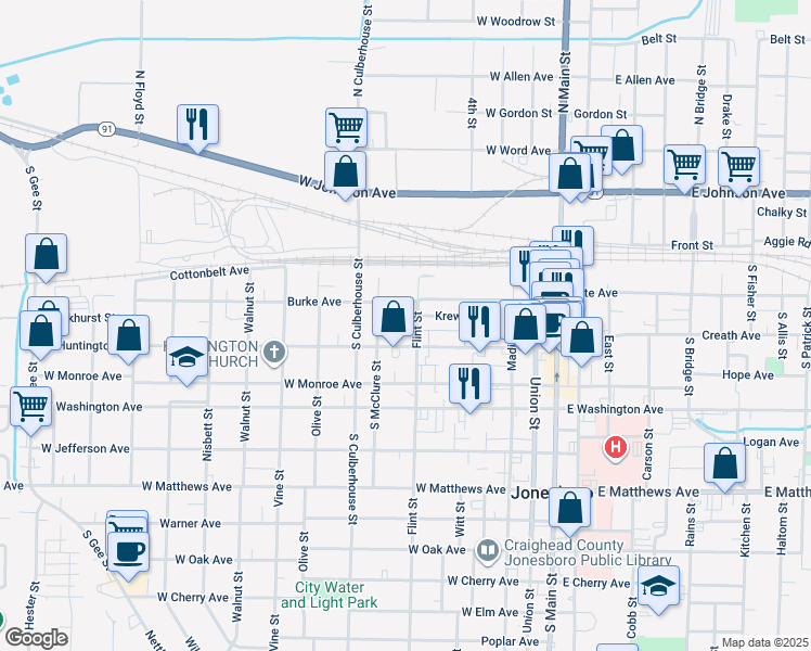 map of restaurants, bars, coffee shops, grocery stores, and more near 609 Krewson Street in Jonesboro