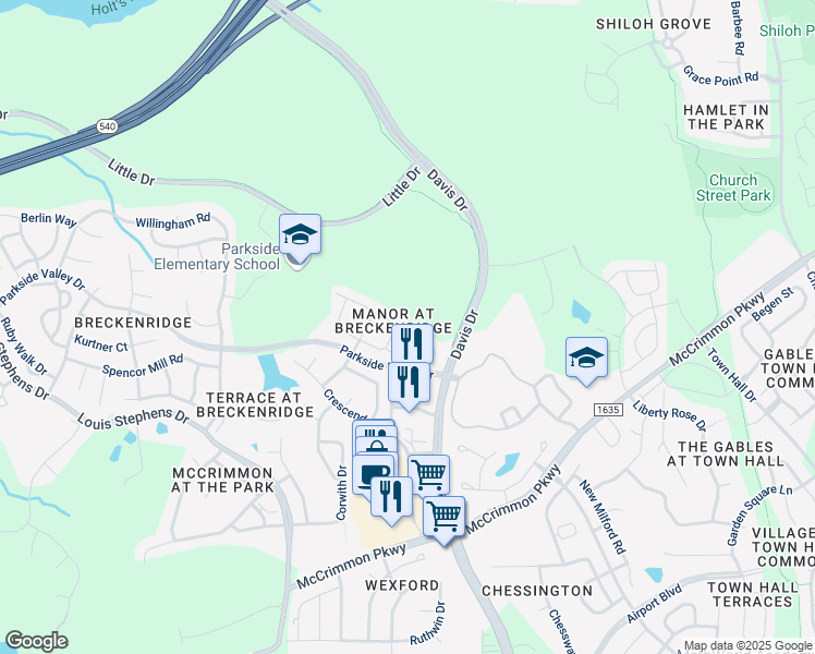 map of restaurants, bars, coffee shops, grocery stores, and more near 154 Brentfield Loop in Morrisville