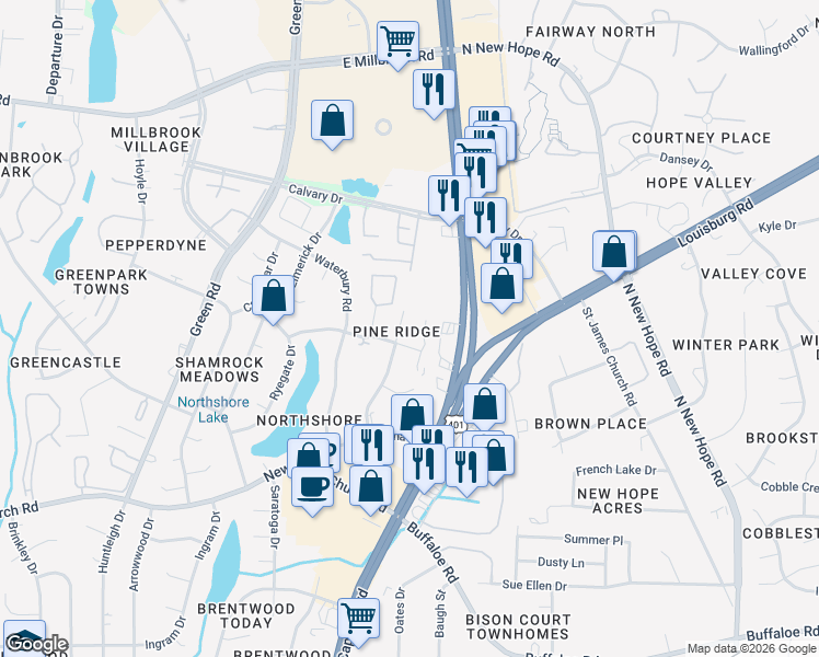 map of restaurants, bars, coffee shops, grocery stores, and more near 4408 Lake Ridge Drive in Raleigh