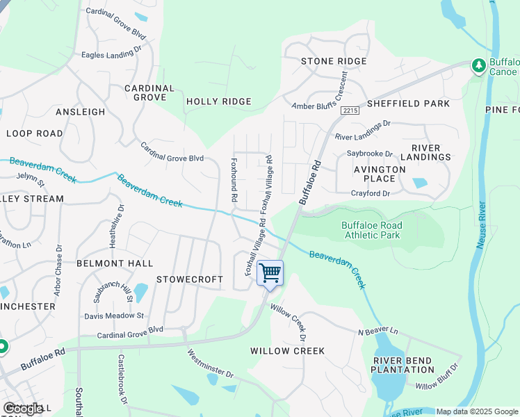 map of restaurants, bars, coffee shops, grocery stores, and more near 4300 Foxhound Road in Raleigh