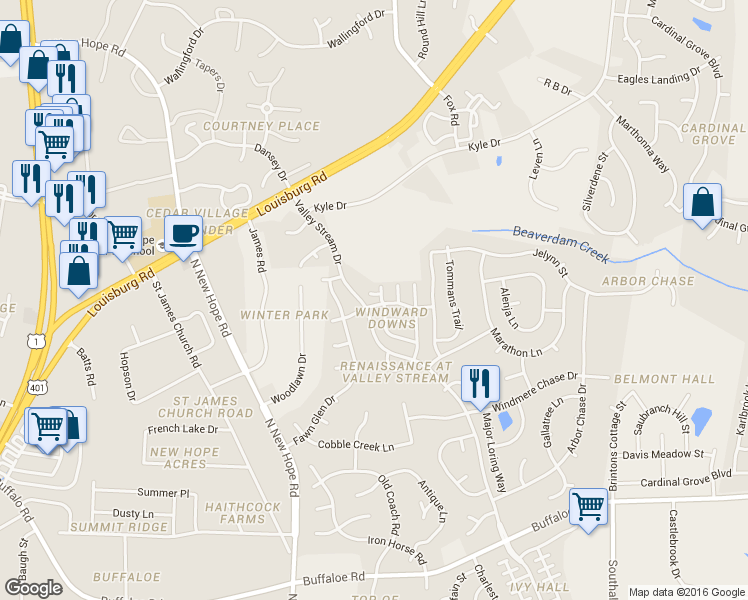 map of restaurants, bars, coffee shops, grocery stores, and more near 4316 Windlass Court in Raleigh