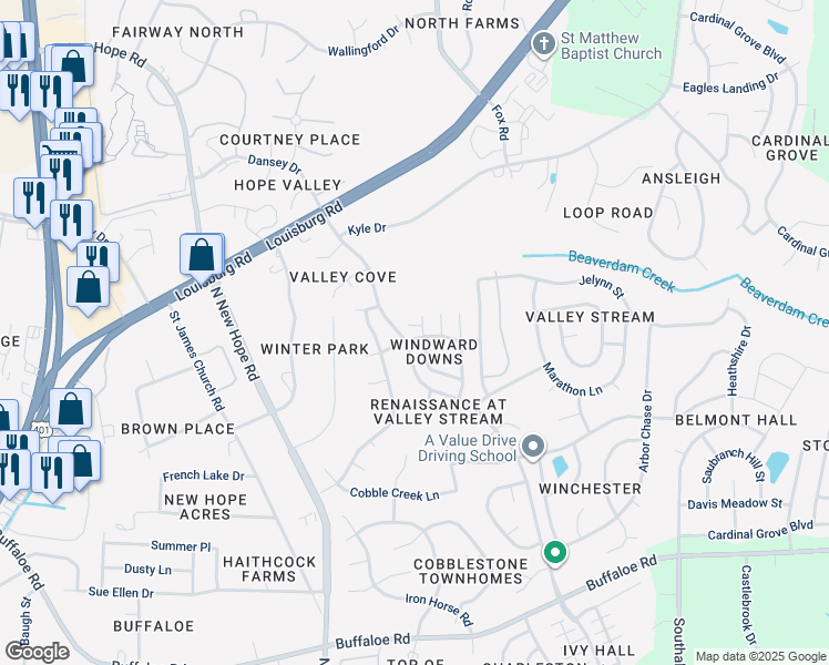map of restaurants, bars, coffee shops, grocery stores, and more near 4316 Windlass Court in Raleigh