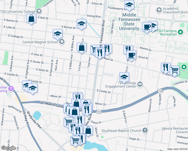 map of restaurants, bars, coffee shops, grocery stores, and more near 1955 Middle Tennessee Boulevard in Murfreesboro
