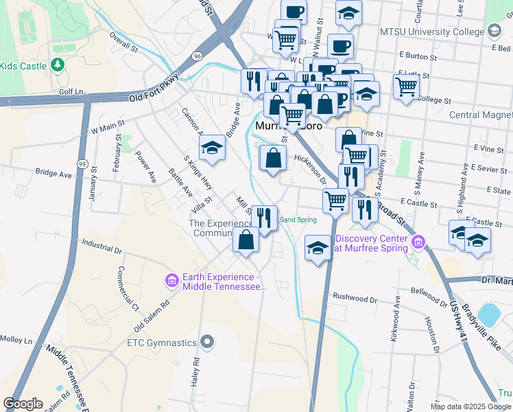 map of restaurants, bars, coffee shops, grocery stores, and more near 602 Old Salem Road in Murfreesboro
