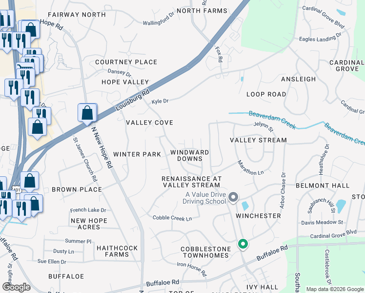 map of restaurants, bars, coffee shops, grocery stores, and more near 4320 Windlass Court in Raleigh