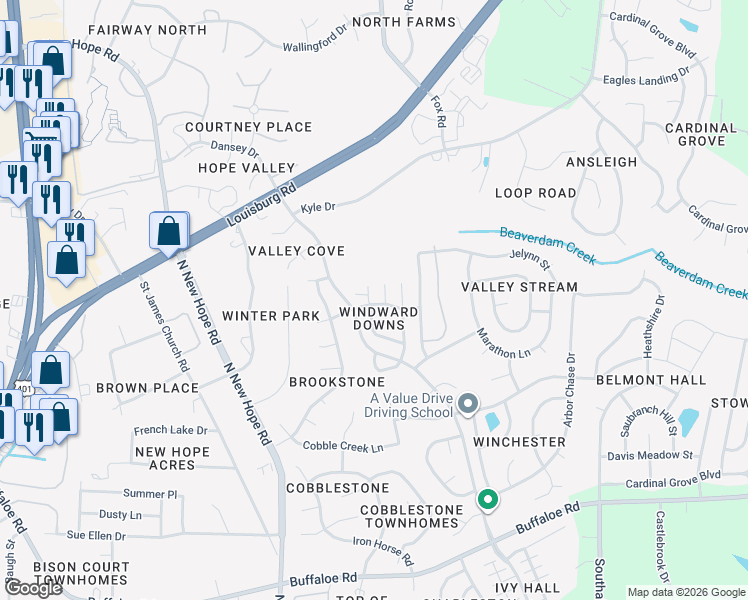 map of restaurants, bars, coffee shops, grocery stores, and more near 4320 Windlass Court in Raleigh