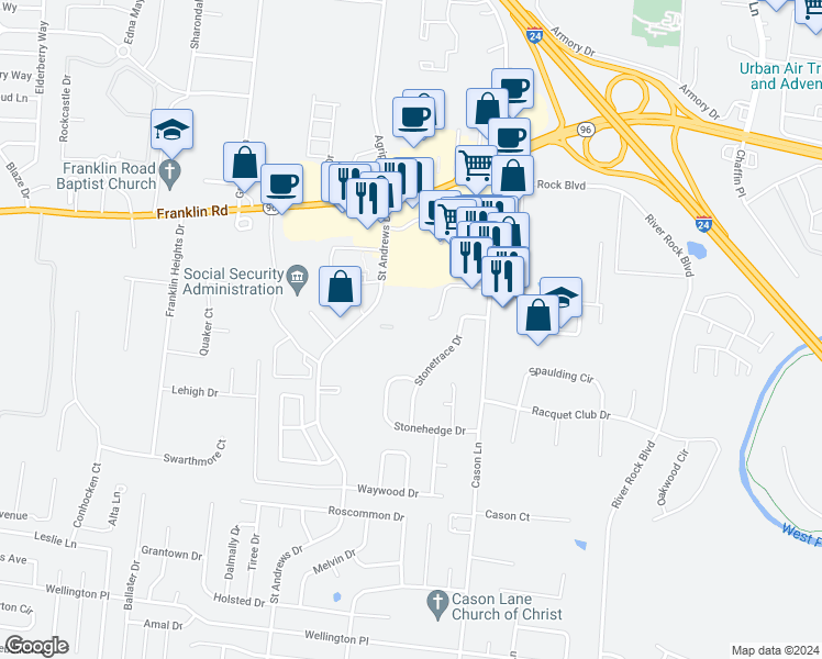 map of restaurants, bars, coffee shops, grocery stores, and more near 2778 Rideout Lane in Murfreesboro