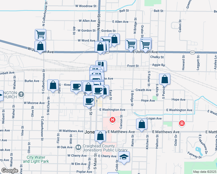 map of restaurants, bars, coffee shops, grocery stores, and more near in Jonesboro