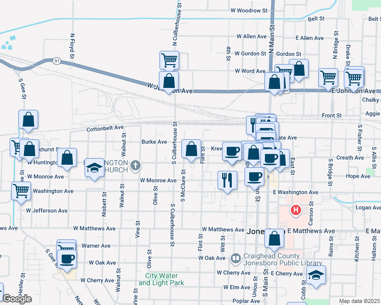 map of restaurants, bars, coffee shops, grocery stores, and more near 609 Krewson Street in Jonesboro