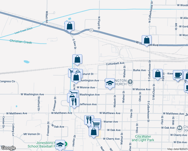 map of restaurants, bars, coffee shops, grocery stores, and more near 1313 Oakhurst Street in Jonesboro