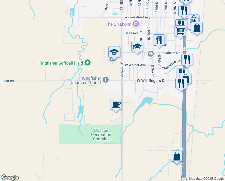 map of restaurants, bars, coffee shops, grocery stores, and more near 1604 South 13th Street in Kingfisher